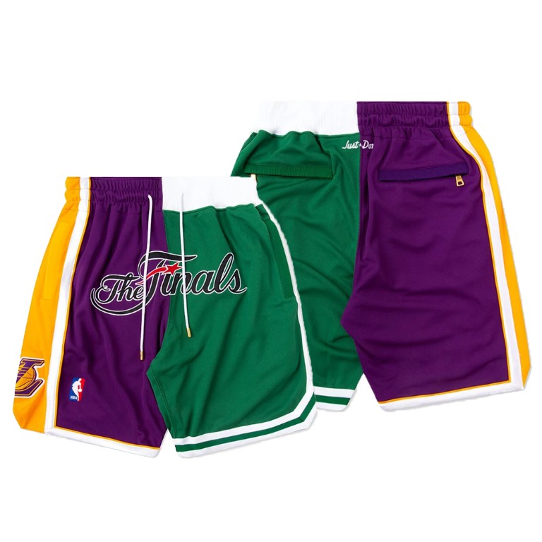 Men's Los Angeles Lakers NBA Split 2008 Finals Hardwood Classics Green Purple Basketball Shorts WKB3883VW